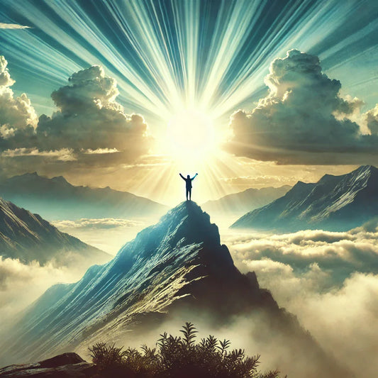 a mountain with a person standing at the summit, arms raised in faith, symbolizing the power of belief.